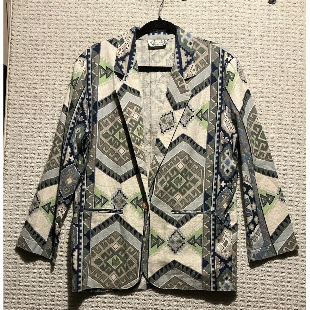 Streetwear Women VINTAGE Jacket Aztec Print Blue Green Cotton Linen L USA MADE
